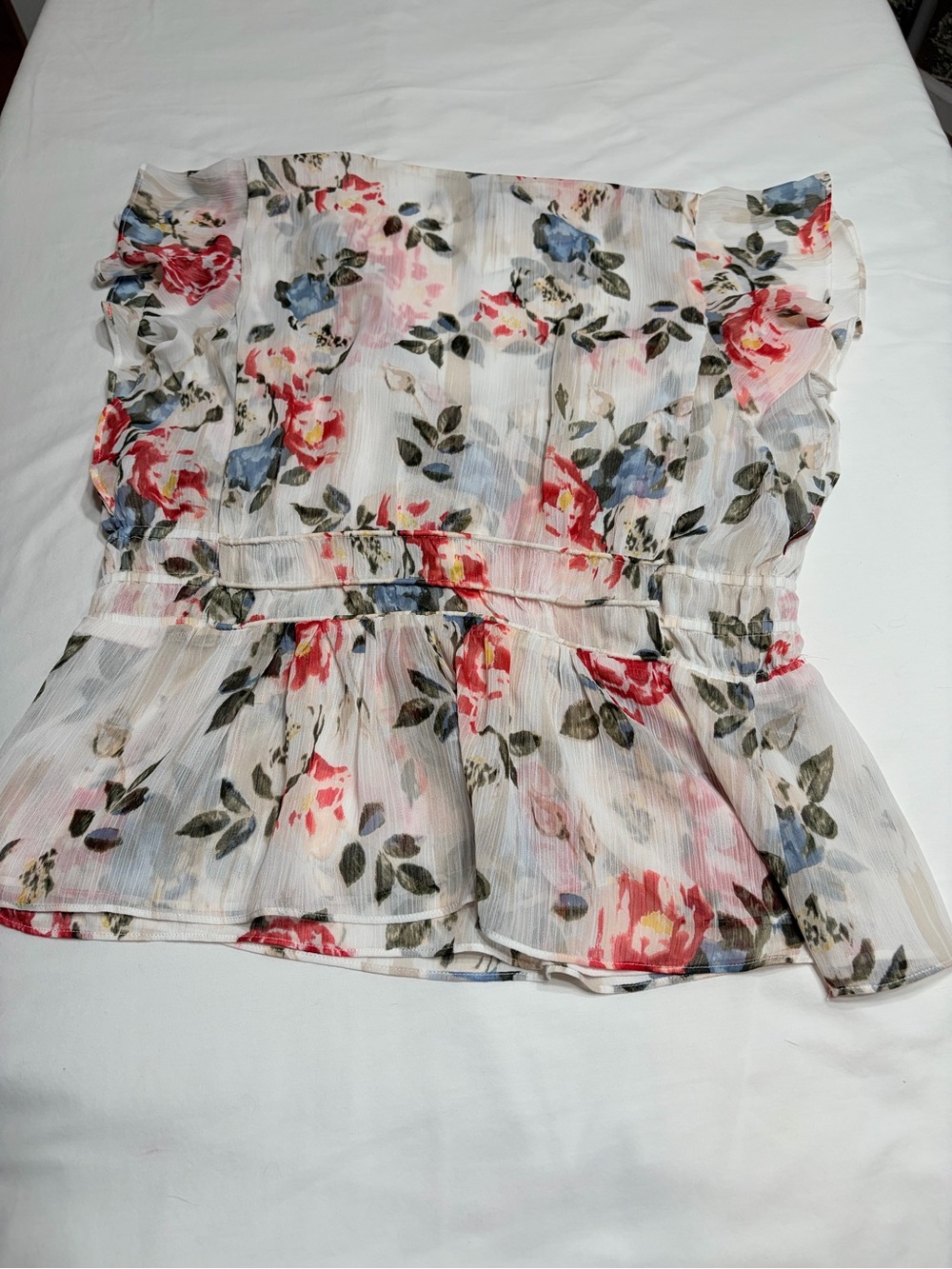 White House Black Market Floral V-Neck Peplum Blouse - White/Pink/Blue - Picture 12 of 16